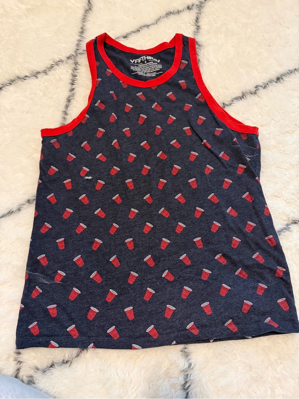 Fifth Sun Navy Tank Top with Red Cup Print and Red Trim